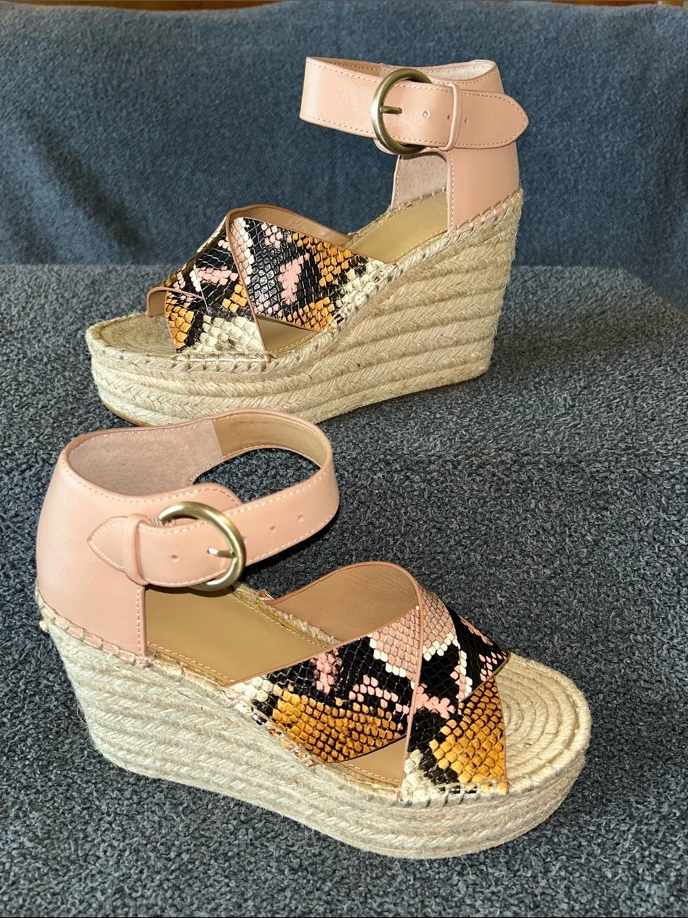 Marc Fisher Pink Ankle-Strap Espadrille Wedges with Snake-Print Straps